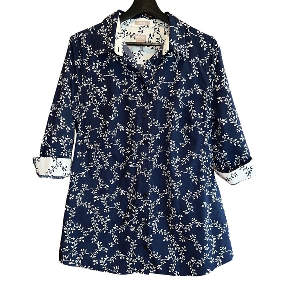 Chico's Tunic Top Button Down Floral‎ Leaf Print Pockets Navy Size 2 US L/12 - Picture 1 of 12